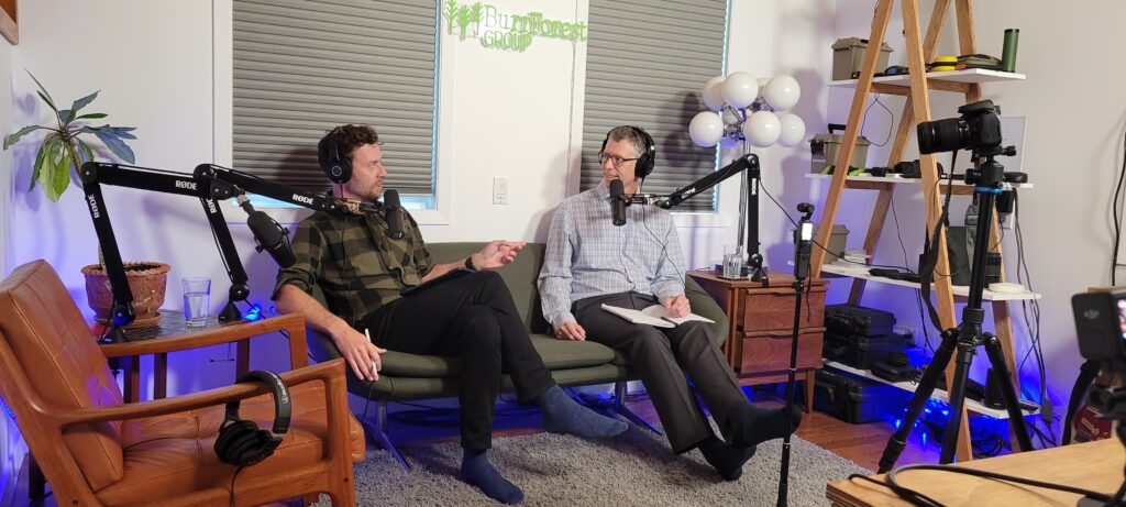 Jay and Toban talk during a recording of The Extensionists podcast at the farm studio