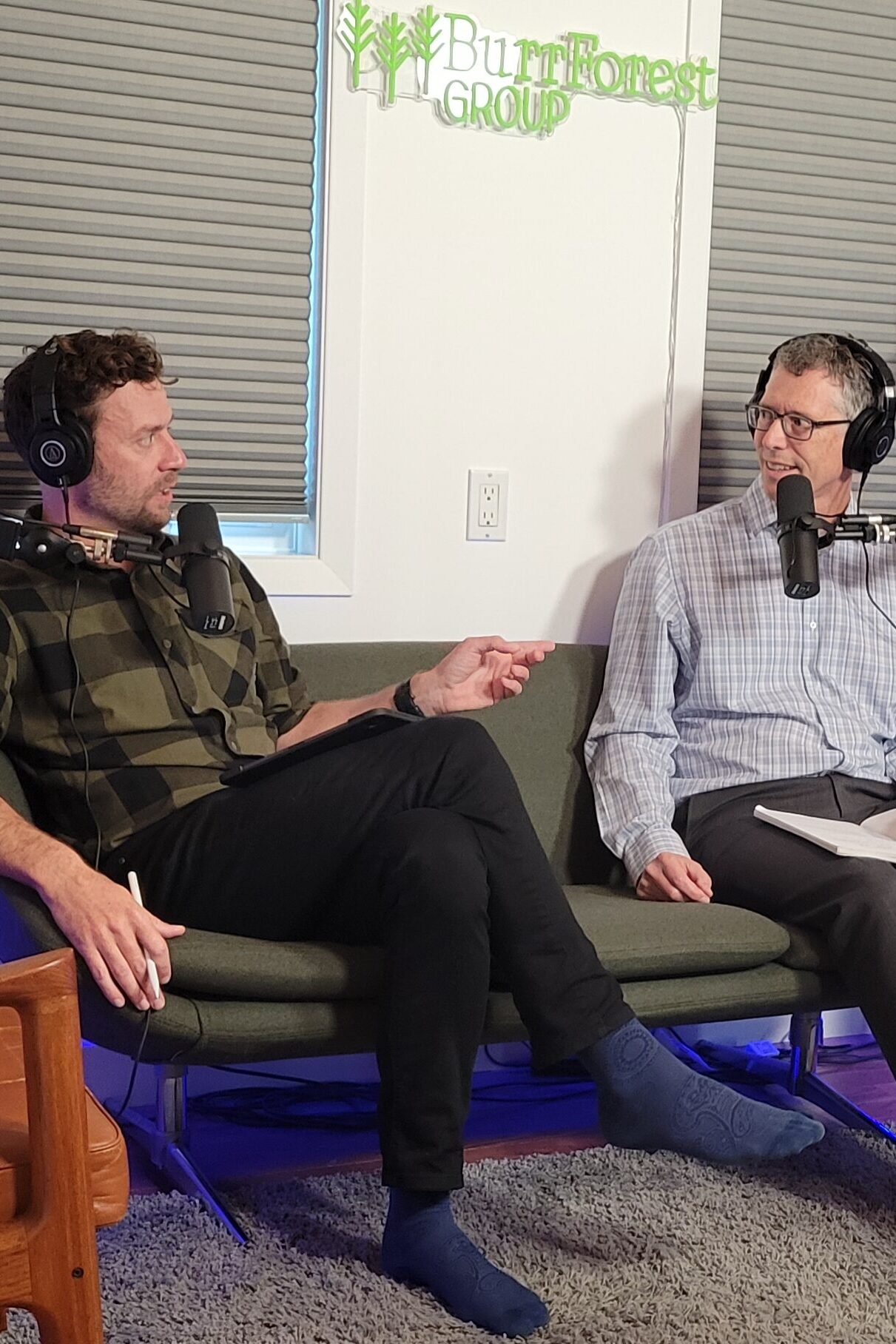 Jay and Toban talk during a recording of The Extensionists podcast at the farm studio